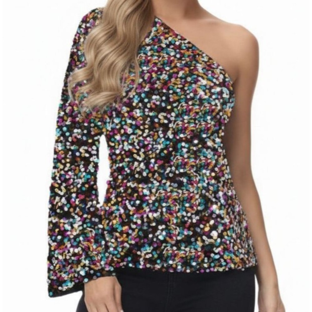 Anna Kaci Sequin One Shoulder Long Sleeve Top Women Large Rainbow Party Club